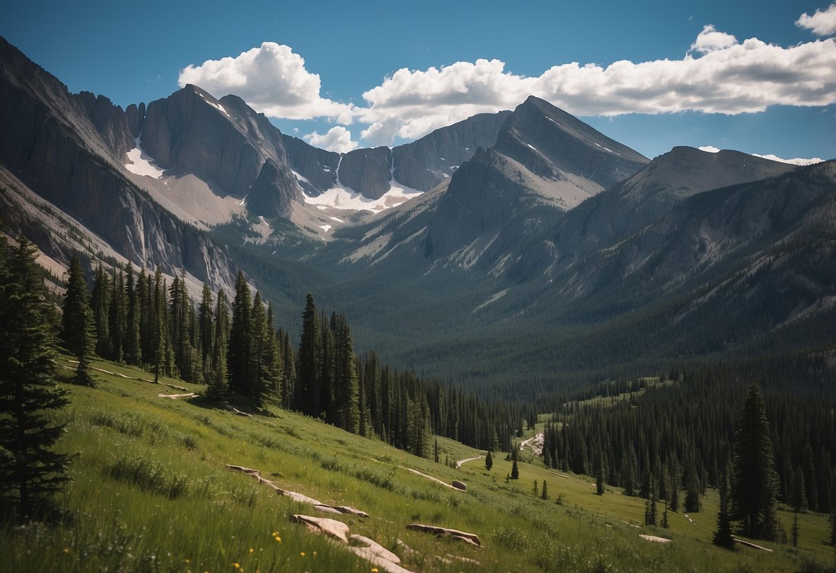 Lush green meadows surrounded by towering peaks, with winding trails leading to pristine lakes and cascading waterfalls in Rocky Mountain National Park, Colorado