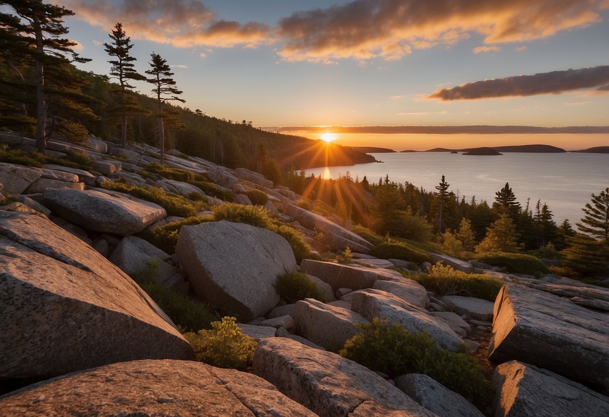 Sunset over Acadia's rugged coastline, with campfires dotting the forested landscape. Runners traverse rocky trails, framed by the park's iconic granite peaks