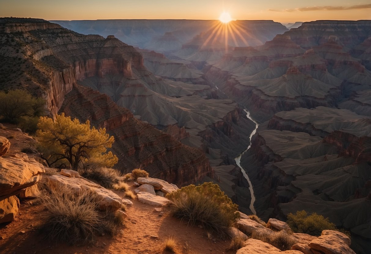 Sunrise over the Grand Canyon, with towering rock formations and winding trails for trail runners to explore. Campsites nestled among the rugged landscape