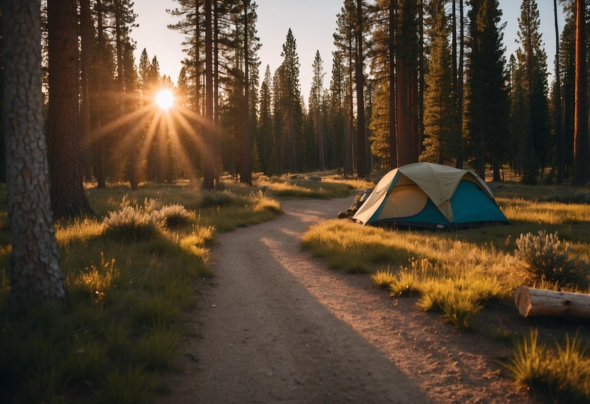 Sunset over a serene campsite nestled among pine trees, with a winding trail leading into the wilderness of Yellowstone National Park, Wyoming