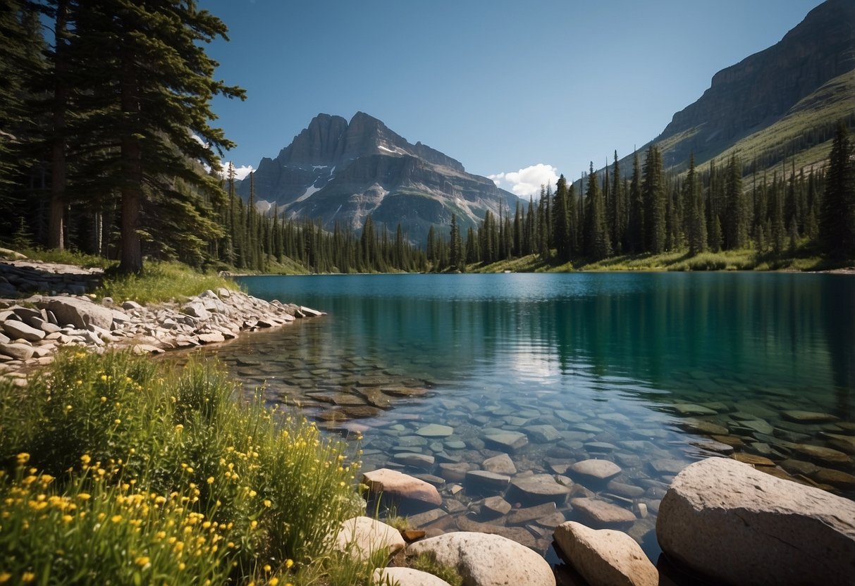 A rugged landscape of towering mountains, lush forests, and crystal-clear lakes at Glacier National Park, Montana. The 10 best campsites are nestled along scenic trails, perfect for trail runners