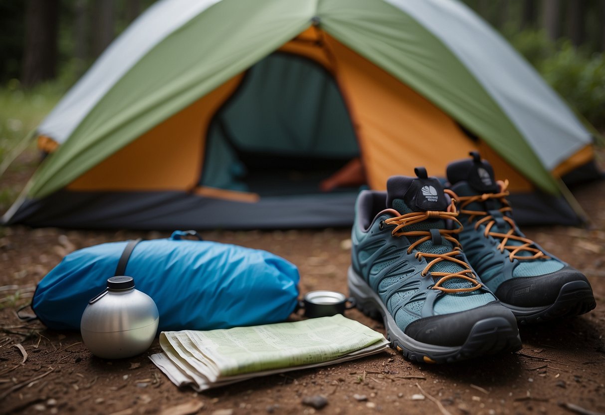 A trail runner's gear laid out next to a camping tent, including running shoes, hydration pack, headlamp, and trail map. Nearby, a campfire burns at one of the best campsites