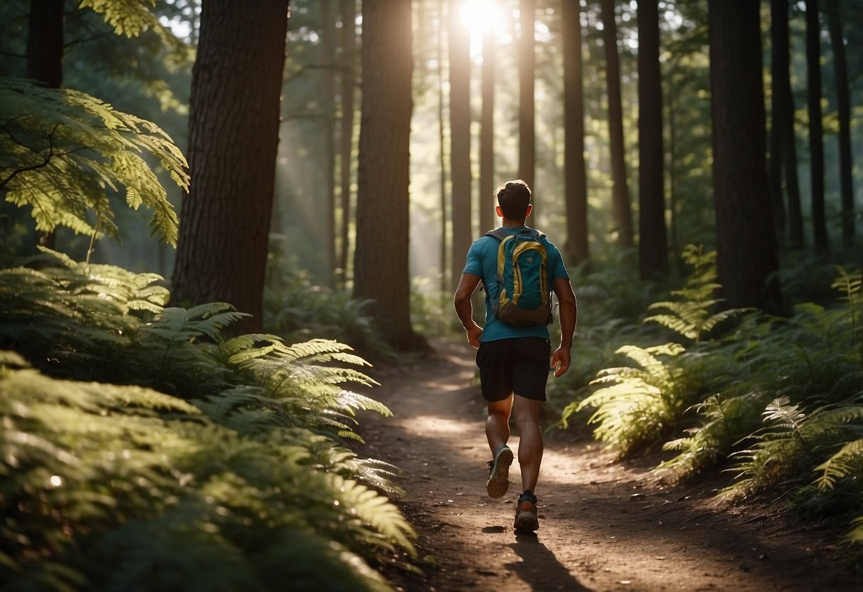 A runner navigates through a forest trail, wearing budget-friendly gear. They carry a lightweight backpack and use a map to stay on course. The sun peeks through the trees, casting dappled light on the path