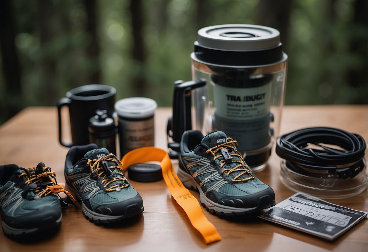 A table with various trail running gear on sale, surrounded by signs with tips for budget trail running