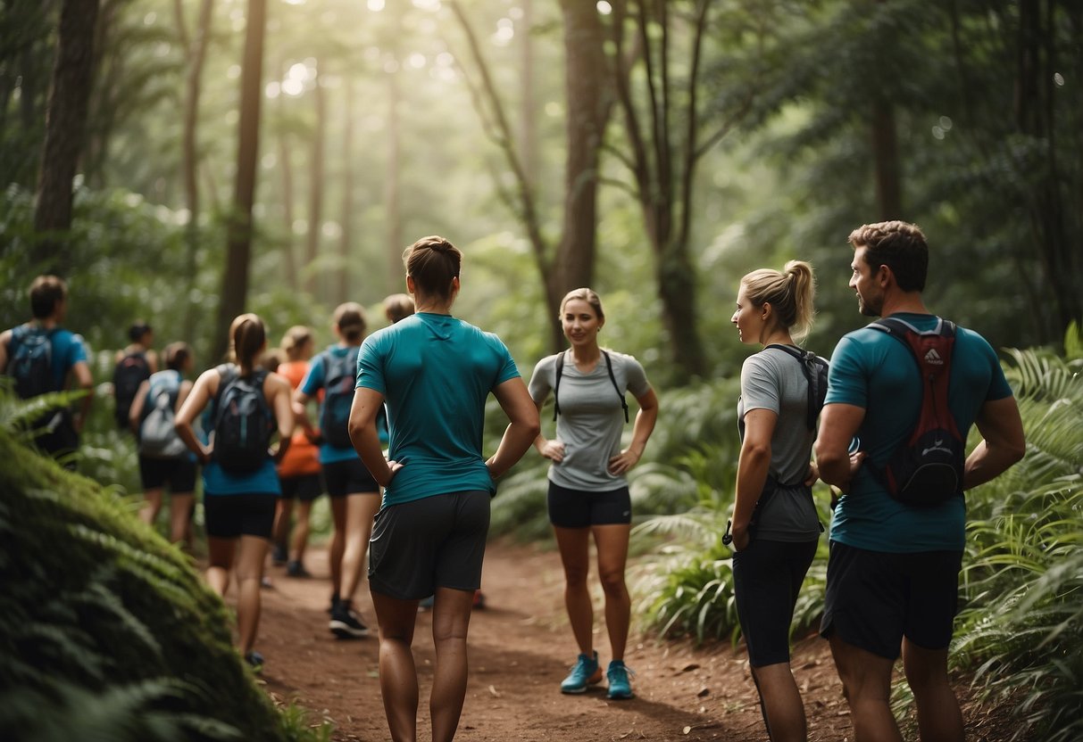 A group of trail runners gather in a scenic outdoor setting, chatting and stretching before embarking on a run. The lush greenery and winding paths create an inviting atmosphere for outdoor enthusiasts