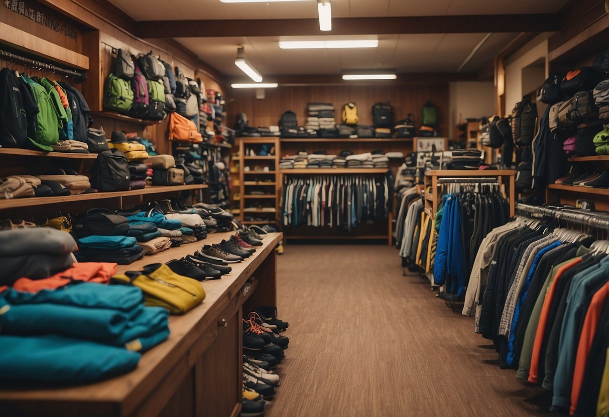 A cluttered thrift shop with racks of outdoor gear, including running shoes, backpacks, and clothing. A sign advertises "7 Tips for Trail Running on a Budget."