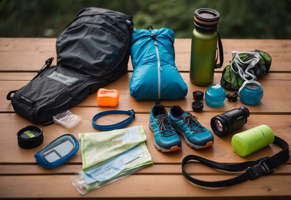 A trail runner's gear laid out on a table: water bottle, hydration pack, trail running shoes, energy gels, headlamp, running belt, and a map