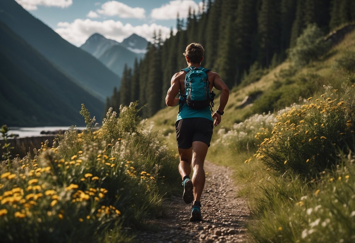 A trail runner downloads free apps, uses budget-friendly gear, and explores nature. A train passes in the background