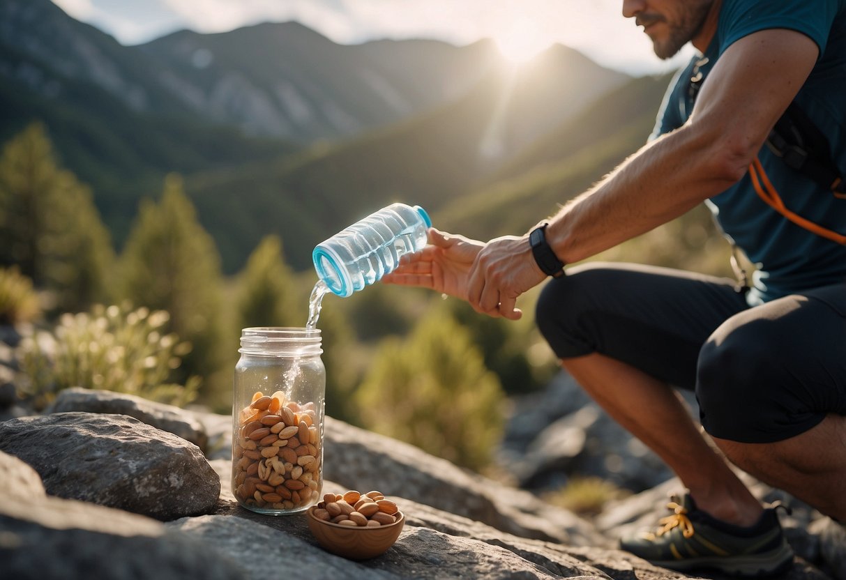 A trail runner refills a reusable water bottle from a natural spring. Nearby, a small bag of nuts and dried fruit sits on a rock, providing a budget-friendly snack option