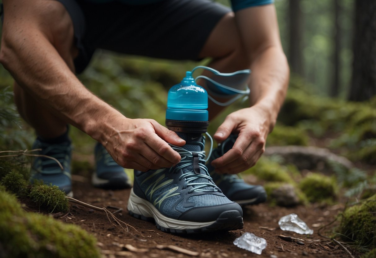 A runner laces up old sneakers, packs a water bottle, and maps out a trail. They grab a budget-friendly energy bar and head out into the wilderness