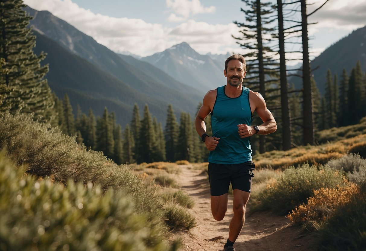 A trail runner wearing a lightweight vest, surrounded by trees and mountains, with a clear trail ahead