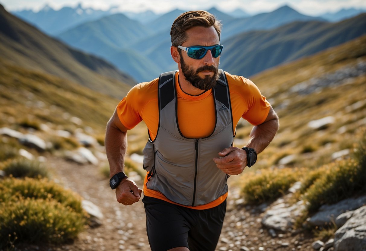 A trail runner zips up the Salomon Agile Vest, lightweight and sleek, with multiple pockets for essentials, ready for a run through the mountains