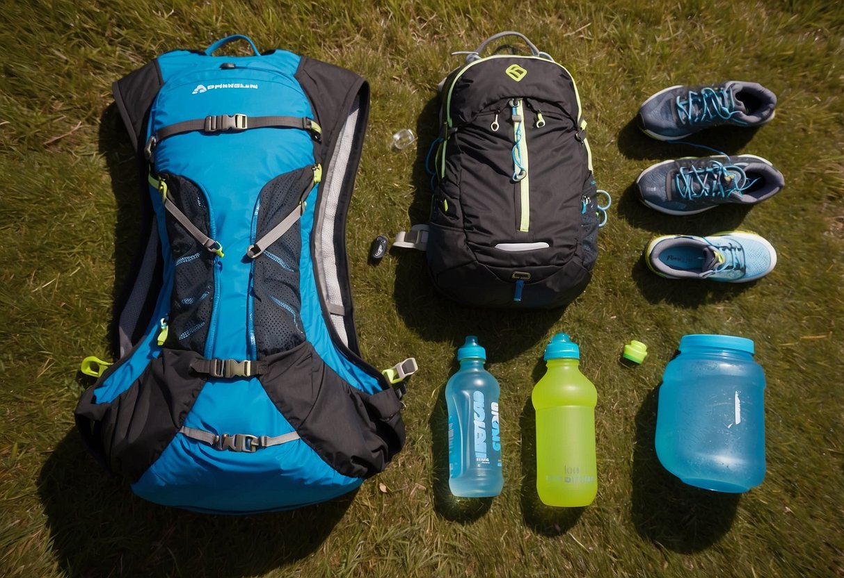 A trail runner's gear laid out: Nathan VaporAir Hydration Pack, lightweight vest, running shoes, water bottles, and energy gels