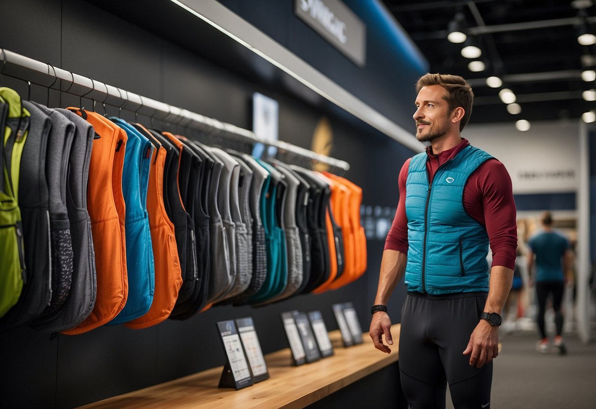 A trail runner stands in front of a display of lightweight vests, comparing features like weight, breathability, and storage options