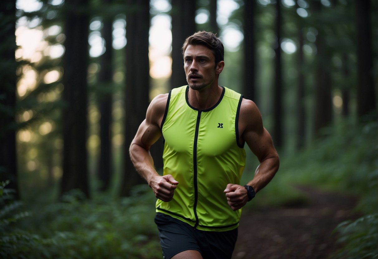 A trail runner wearing a lightweight vest with reflective strips, running through a forest at dusk. The vest is bright and stands out against the dark background, ensuring safety and visibility