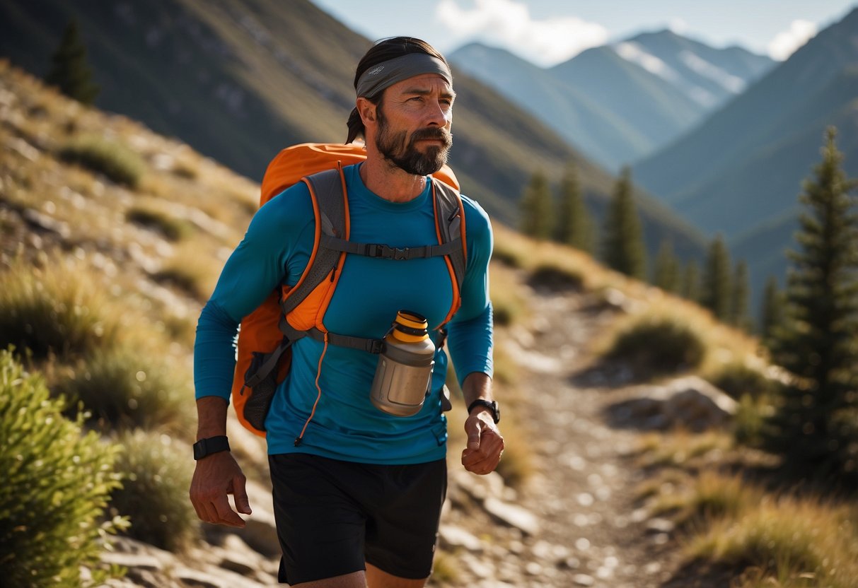 A trail runner wearing a lightweight vest, with pockets for water bottles and energy gels. The vest fits snugly and allows for freedom of movement