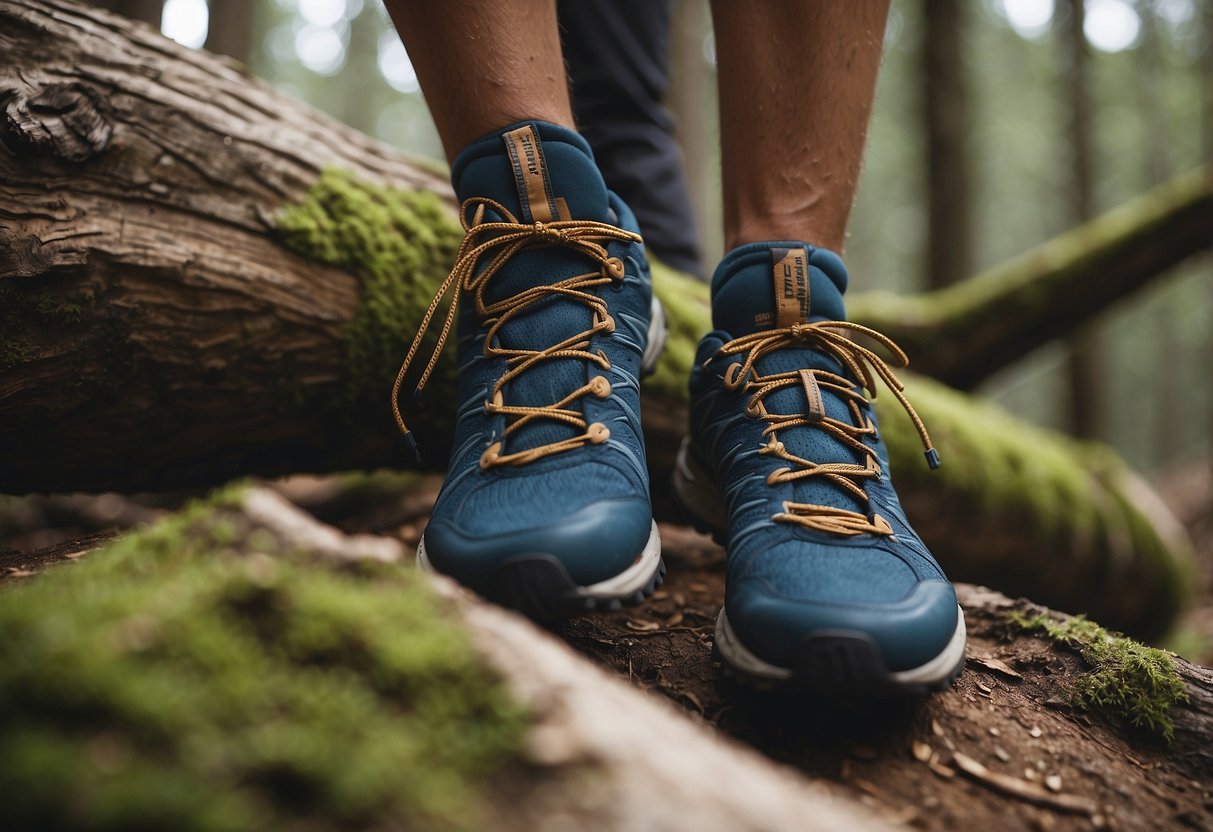 Trail runner trips on a tree root, wearing improper footwear. Carries heavy pack, not hydrating enough. Struggles on steep hills, ignoring trail markers