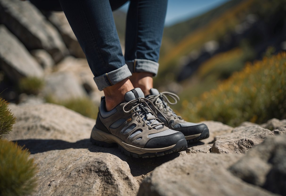 A person wearing inappropriate shoes struggles on a rocky trail, causing discomfort and potential injury