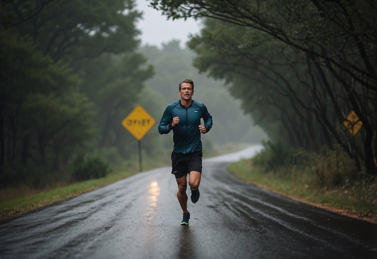 A runner continues along a trail, oblivious to the changing weather. Rain pours down, wind blows, and lightning strikes in the distance