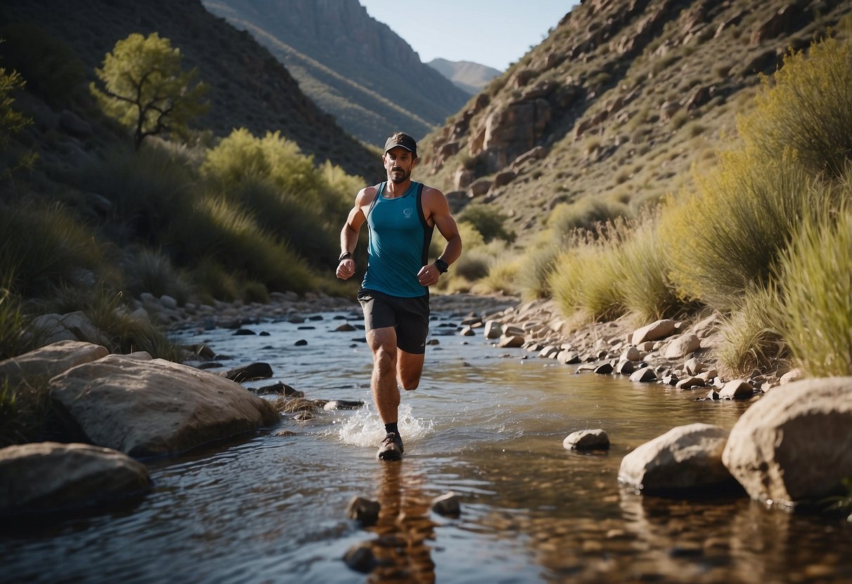 A trail runner passes by a water source without stopping, ignoring the need for hydration. Surrounding scenery shows rugged terrain and potential obstacles