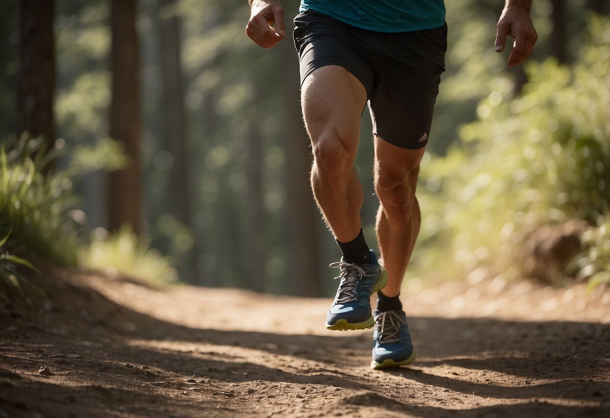 A trail runner ignores body signals, makes common mistakes. Illustrate a runner pushing through fatigue, wearing improper shoes, and not hydrating