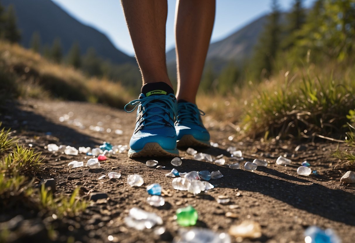 Trail littered with discarded water bottles, energy gel packets, and torn up trail maps. Runner limping with twisted ankle, ignoring trail markers