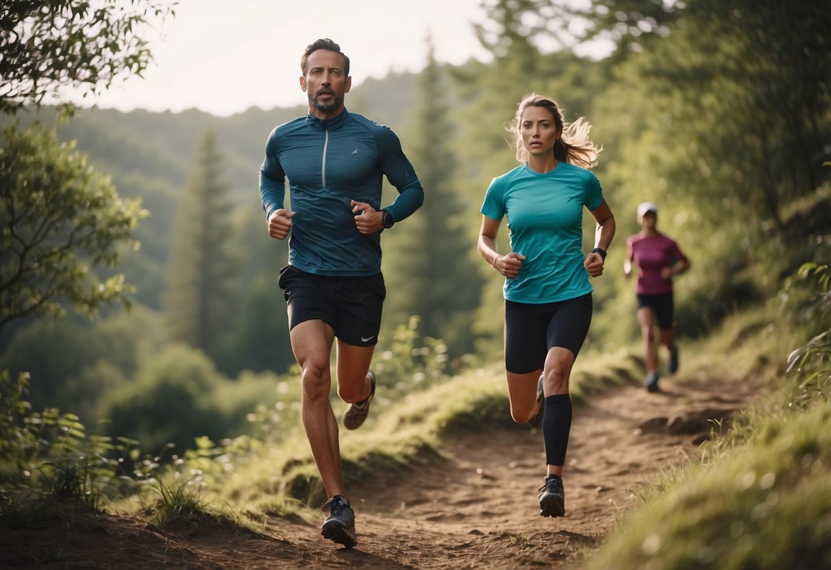 Trail runners avoiding common mistakes: not skipping stretching, illustrated in a natural setting with running gear and trail obstacles