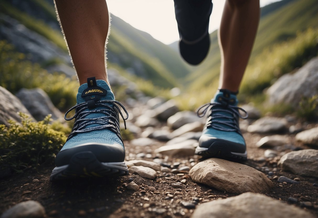 A trail runner with improper footwear slips on a rocky path, illustrating the importance of proper shoes