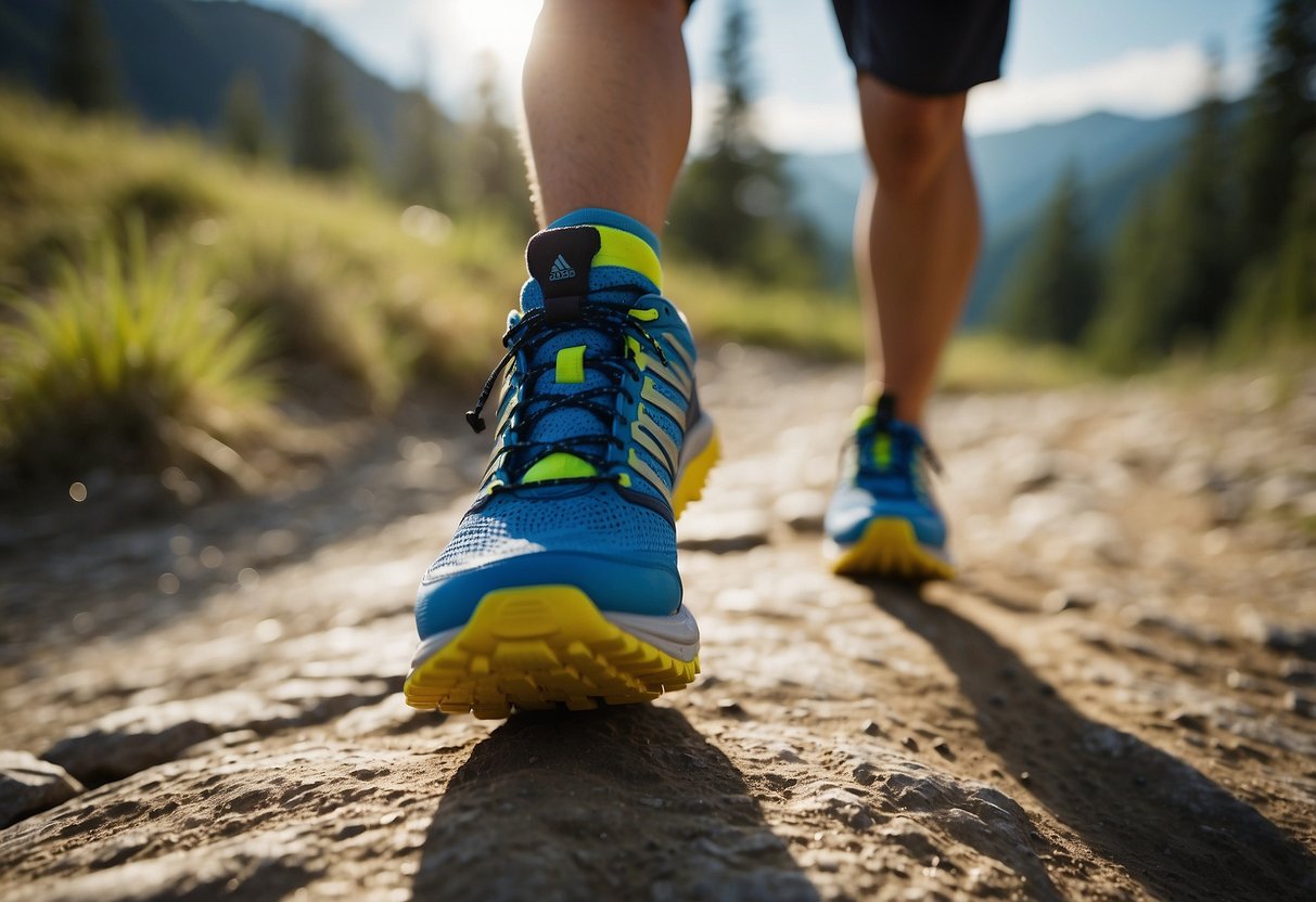 Trail runner with water bottle, energy gels, and electrolyte tablets. Avoiding wrong footwear, over-hydration, and skipping meals