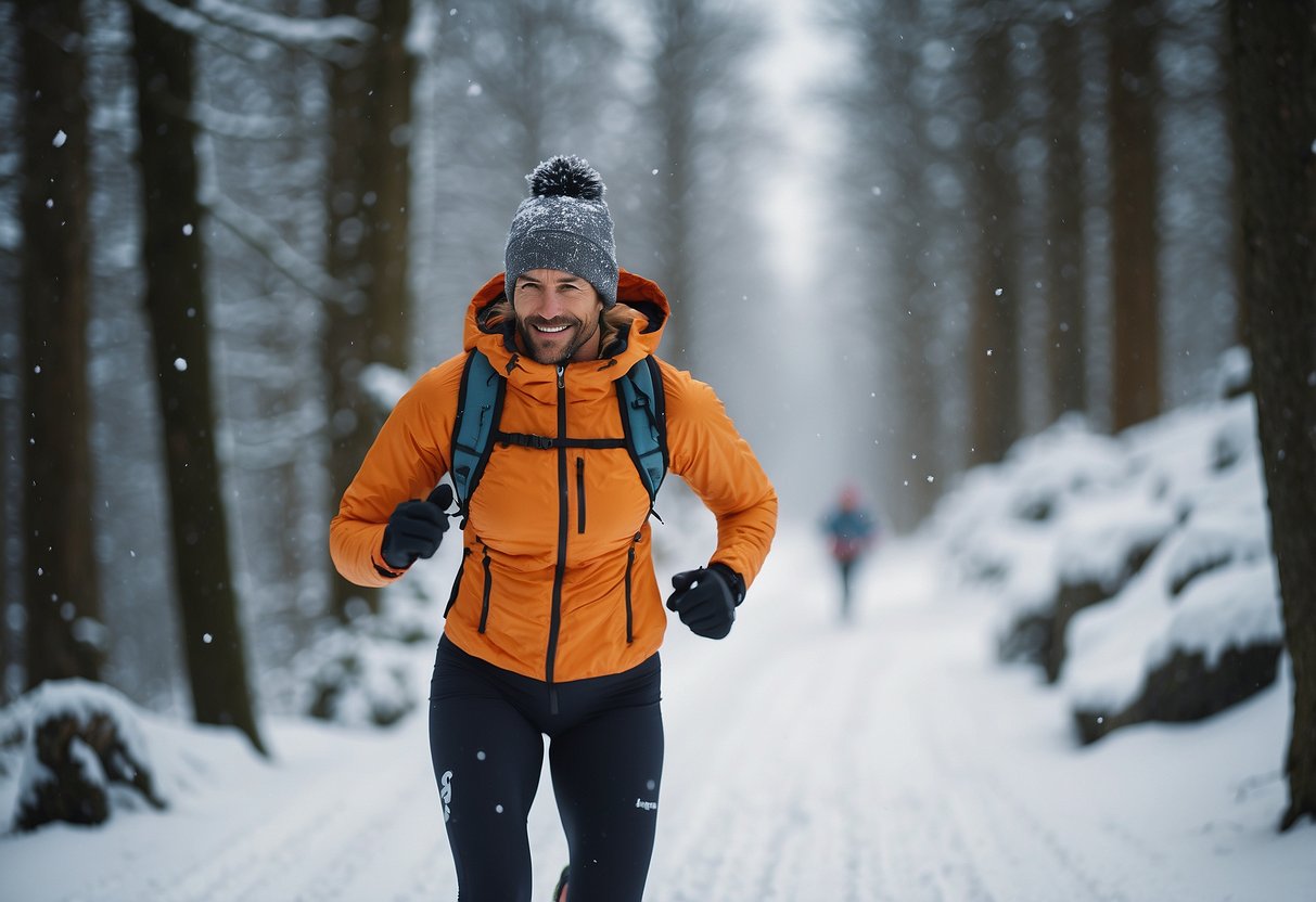 A trail runner in winter gear runs through a snowy forest, wearing insulated layers and a hat. They carry a water bottle and wear gloves to stay warm