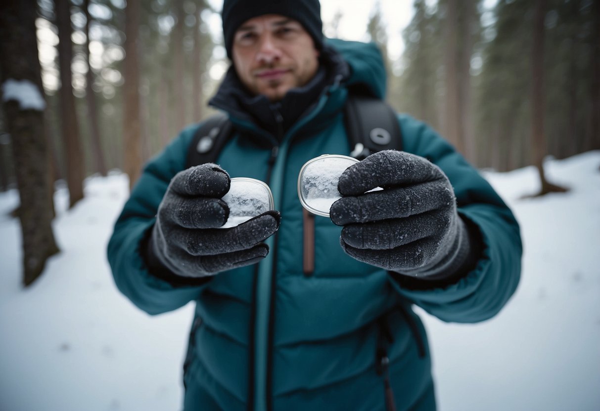 Hand warmers placed in trail runner's pockets on cold day. Trail winding through snowy forest, runner's breath visible in the crisp air