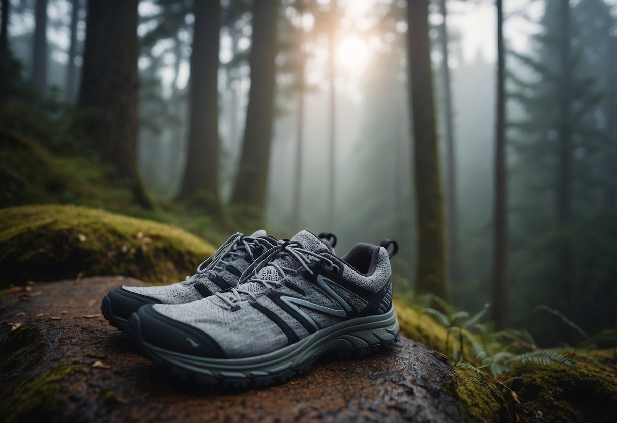 A pair of wool socks laid out next to a pair of trail running shoes, with a backdrop of a forest trail and a chilly, misty morning