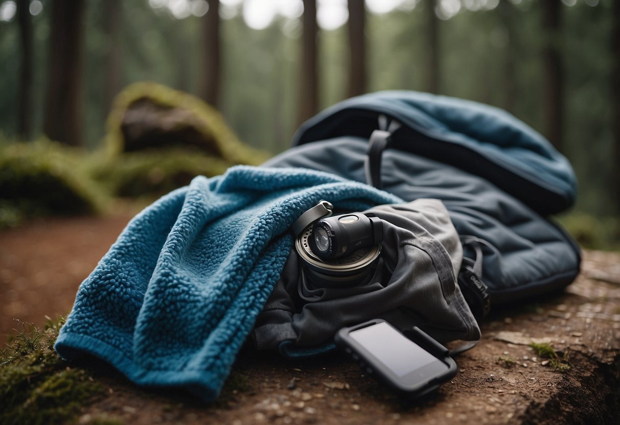 A fleece layer is draped over a trail running gear