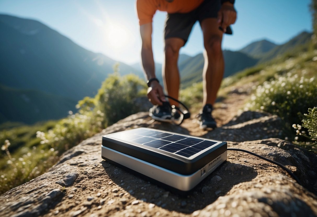 A trail runner sets up solar chargers on a mountain path, surrounded by lush greenery and a clear blue sky