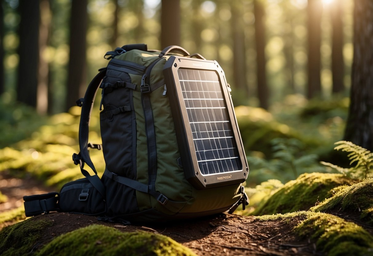 A rugged trail winds through a sun-dappled forest. A Nekteck Solar Charger 21W is strapped to a backpack, harnessing the sun's energy