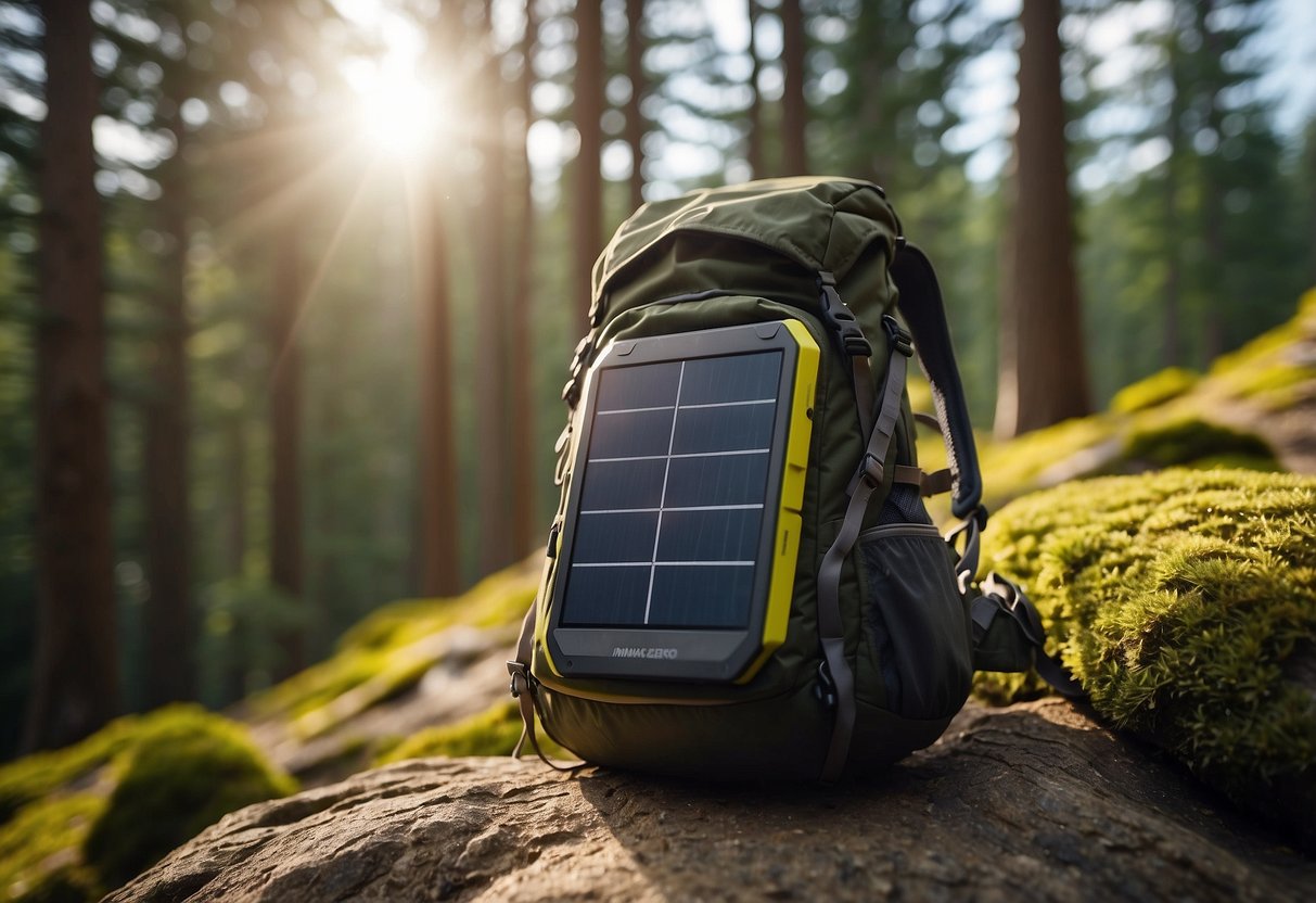 A rugged trail winds through a sun-drenched forest. A Goal Zero Nomad 7 Plus solar charger is attached to a backpack, harnessing the sun's energy