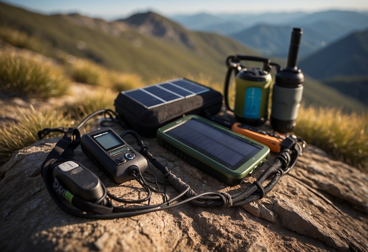 A trail runner's gear laid out on the ground, including a RAVPower Solar Charger 16W, surrounded by rugged terrain and a clear sky