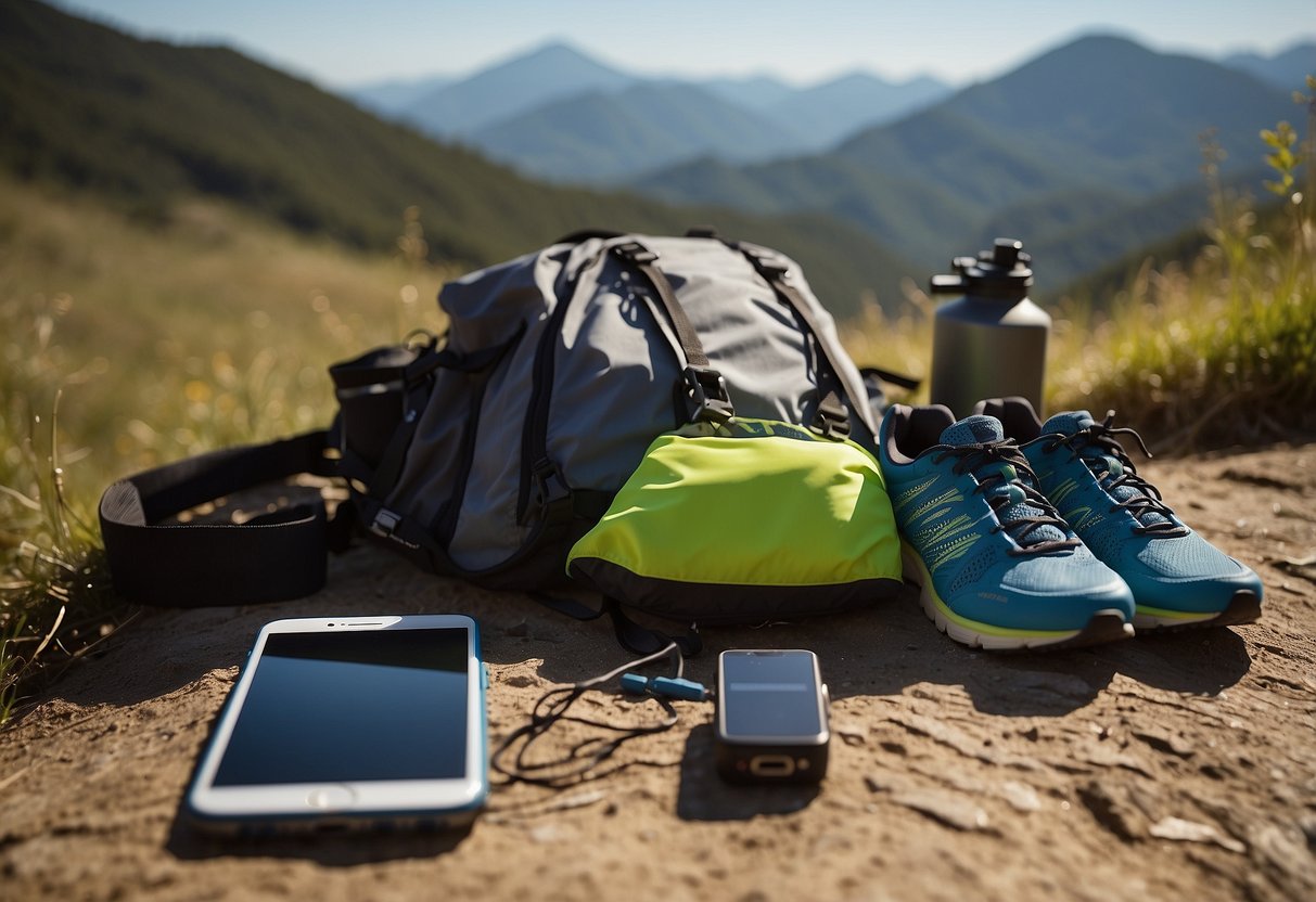 A sunlit trail with a runner's gear laid out: solar chargers, a backpack, and running shoes. The chargers are being compared and tested for suitability