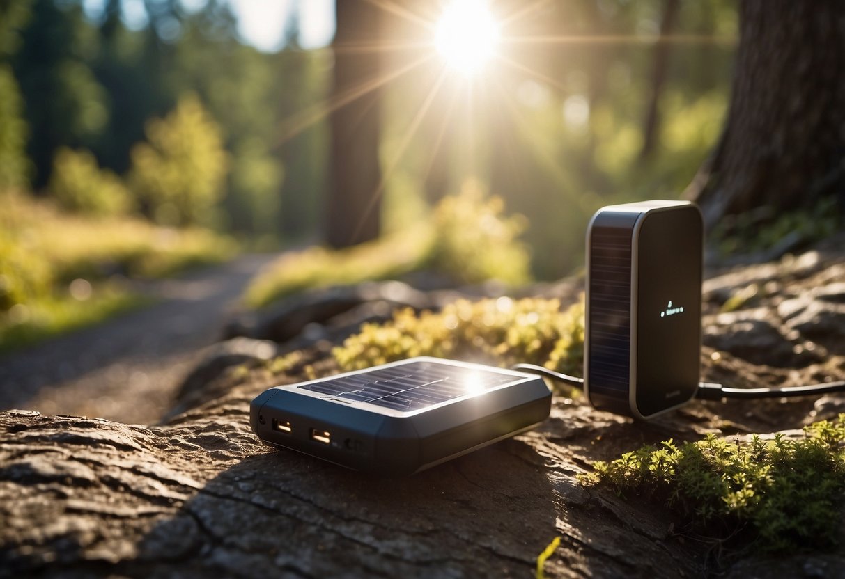 A sunny trail with solar chargers in use, surrounded by trees and nature. Chargers are positioned to capture maximum sunlight