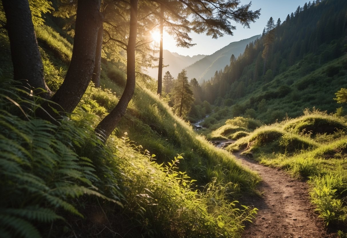 A winding trail cuts through a lush forest, with sunlight filtering through the trees. Mountains loom in the distance, and a clear stream runs alongside the path