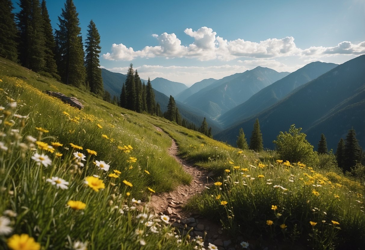 Lush green forest, winding trail through mountains, babbling brooks, vibrant wildflowers, and a clear blue sky