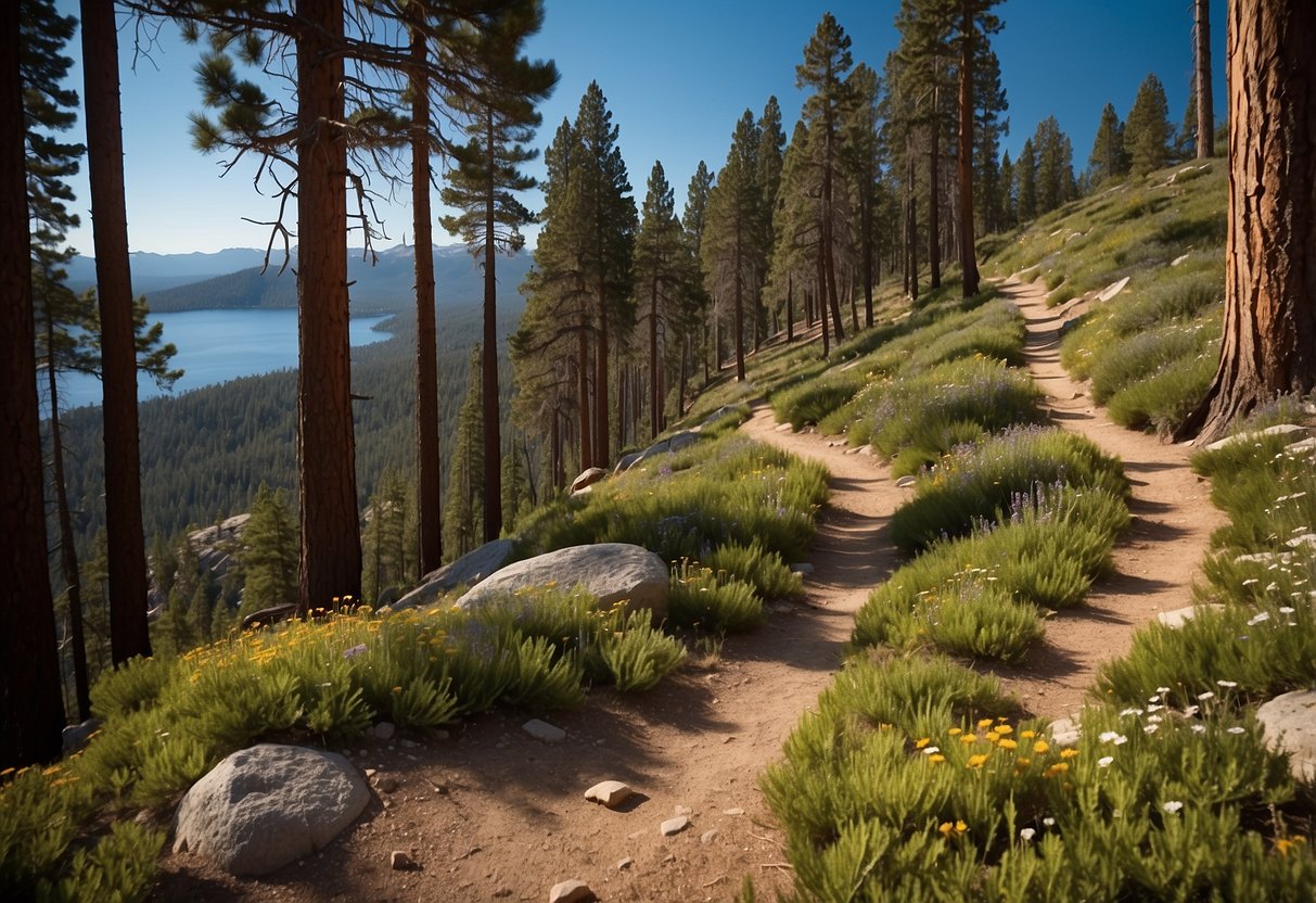 A winding trail cuts through pine forest, with glimpses of Lake Tahoe in the distance. Rocky outcrops and wildflowers line the path