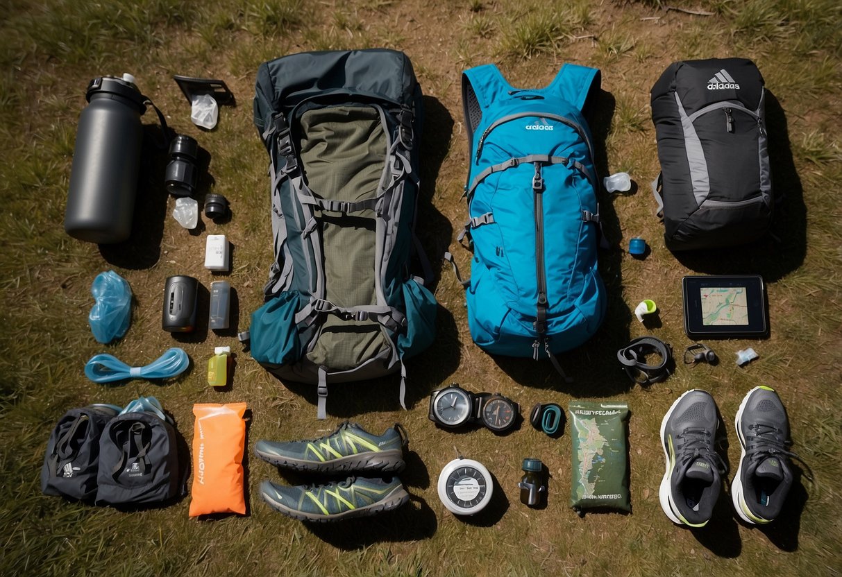 Picture a trail runner's gear laid out against a backdrop of scenic U.S. trails, including running shoes, hydration pack, GPS watch, and trail map