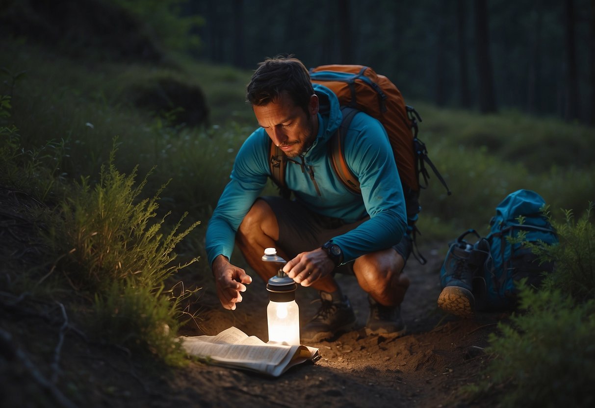 A trail runner carefully lays out gear, checks map, fills water bottles, stretches, and eats a light meal before sunrise