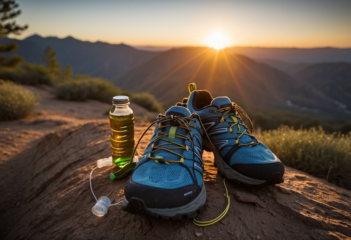 A pair of trail running shoes sits on a rugged, dirt trail. Nearby, a water bottle, energy gels, and a map lay ready for a long-distance run. The sun is setting, casting a warm glow over the scene