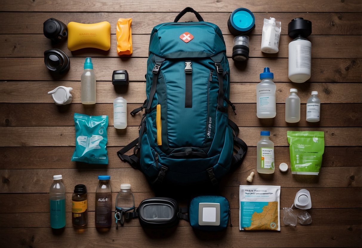 A backpack with a first aid kit, energy gels, water bottles, trail map, sunscreen, and a headlamp laid out on a wooden table