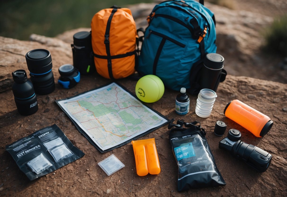 A trail runner's backpack open, with electrolyte tablets, water bottle, energy gels, and a map laid out on a flat surface