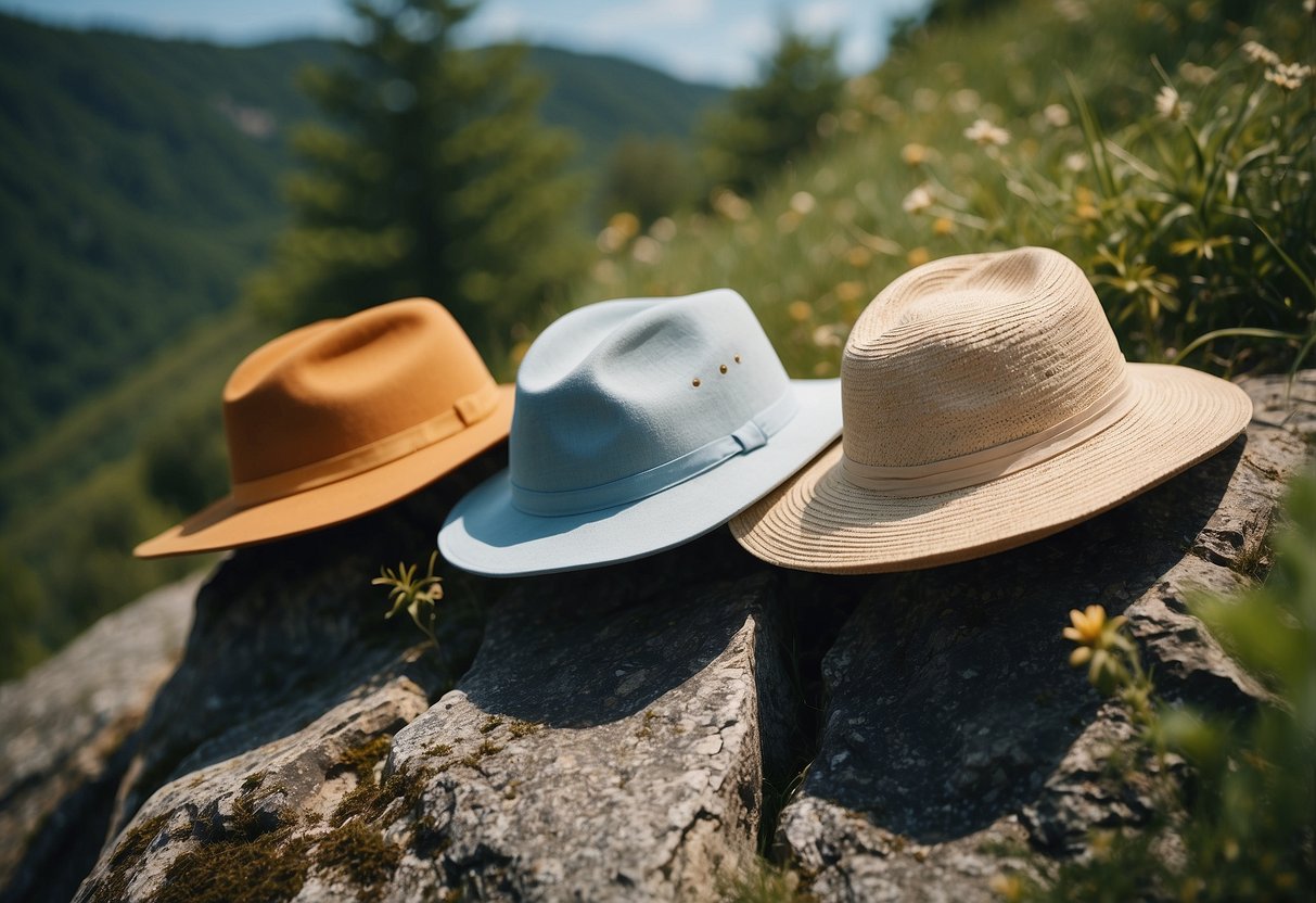 Five lightweight hats arranged on a rocky trail, surrounded by lush greenery and a clear blue sky