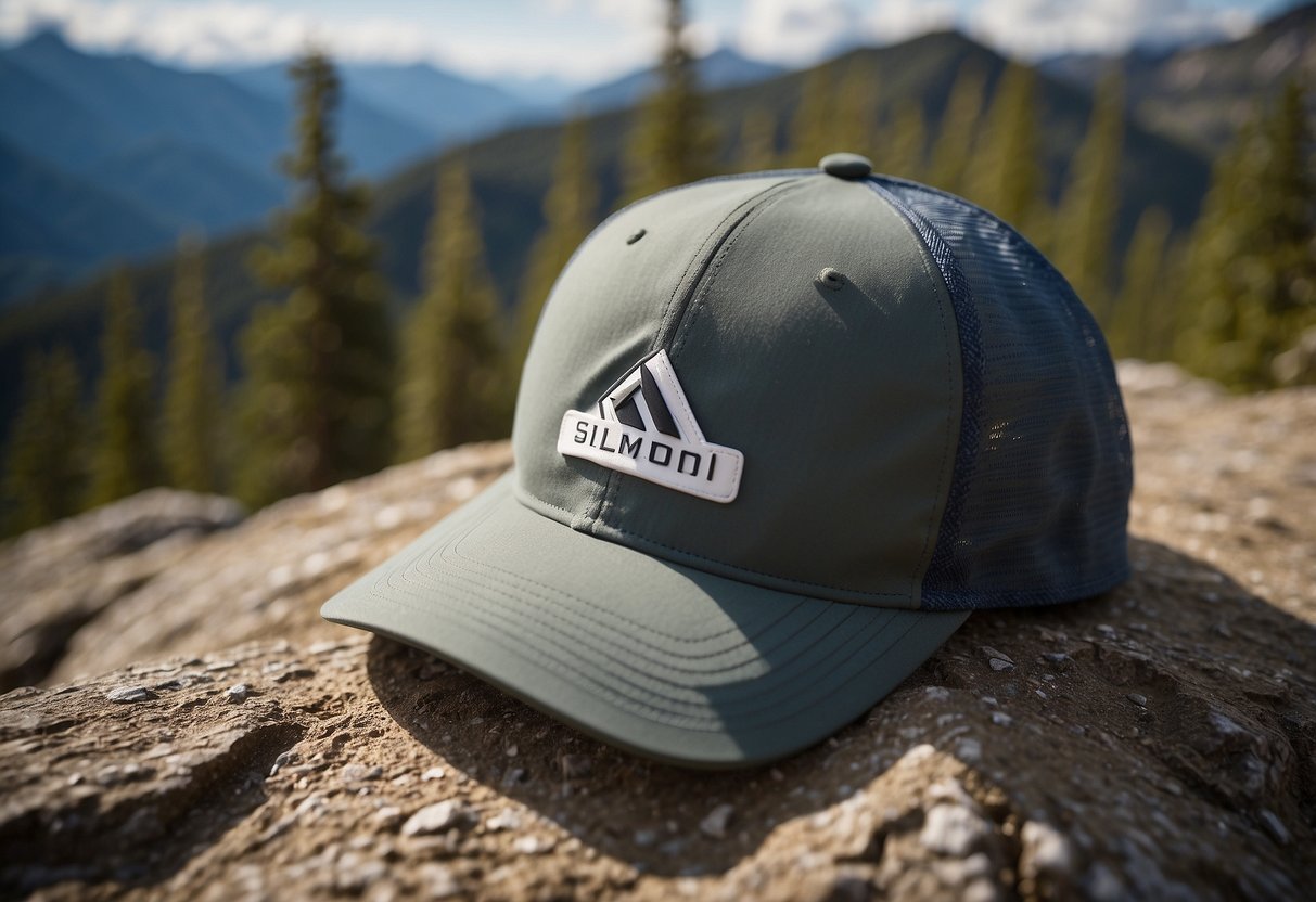 A trail runner's hat, the Salomon XA Cap 5, sits on a rocky trail, surrounded by trees and mountains. The hat is lightweight and designed for high-performance running