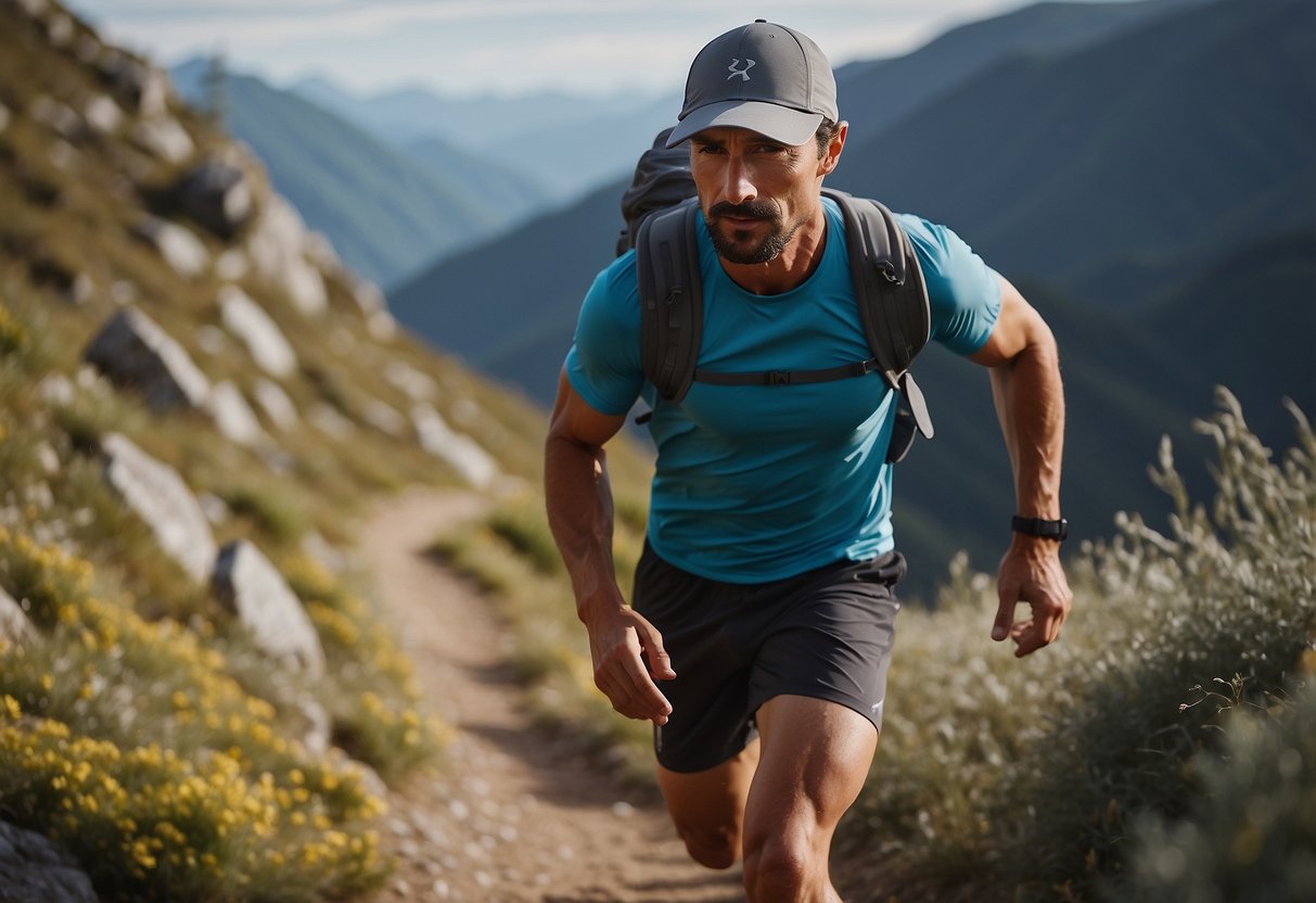 A trail runner wearing an Arc'teryx Calvus Cap, running through a scenic mountain trail with a lightweight and breathable hat